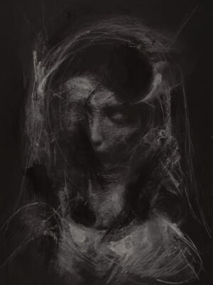 Contemporary existential figuration on black paper. Mixed media portrait exploring ambiguous boundaries and bodily presence.
