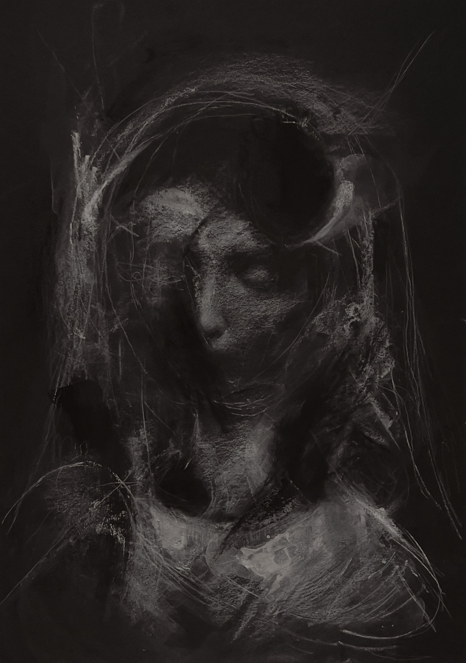 Contemporary existential figuration on black paper. Mixed media portrait exploring ambiguous boundaries and bodily presence.