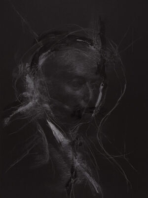 Contemporary existential figuration on black paper. Mixed media portrait exploring ambiguous boundaries and bodily presence.