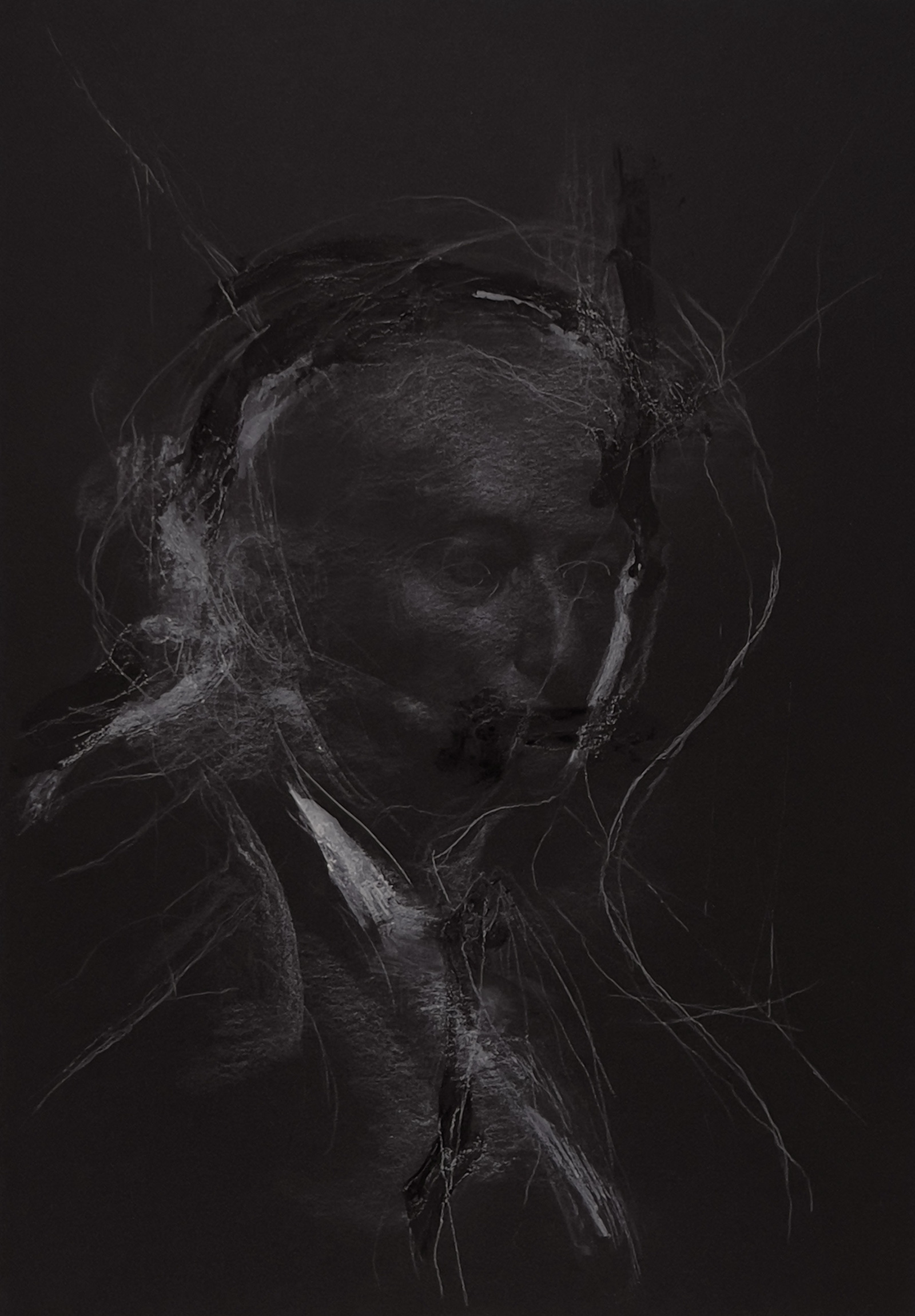 Contemporary existential figuration on black paper. Mixed media portrait exploring ambiguous boundaries and bodily presence.