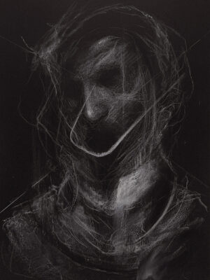 Contemporary existential figuration on black paper. Mixed media portrait exploring ambiguous boundaries and bodily presence.