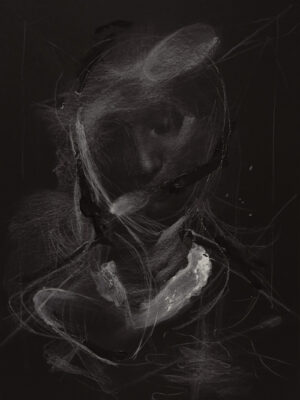 Contemporary existential figuration on black paper. Mixed media portrait exploring ambiguous boundaries and bodily presence.